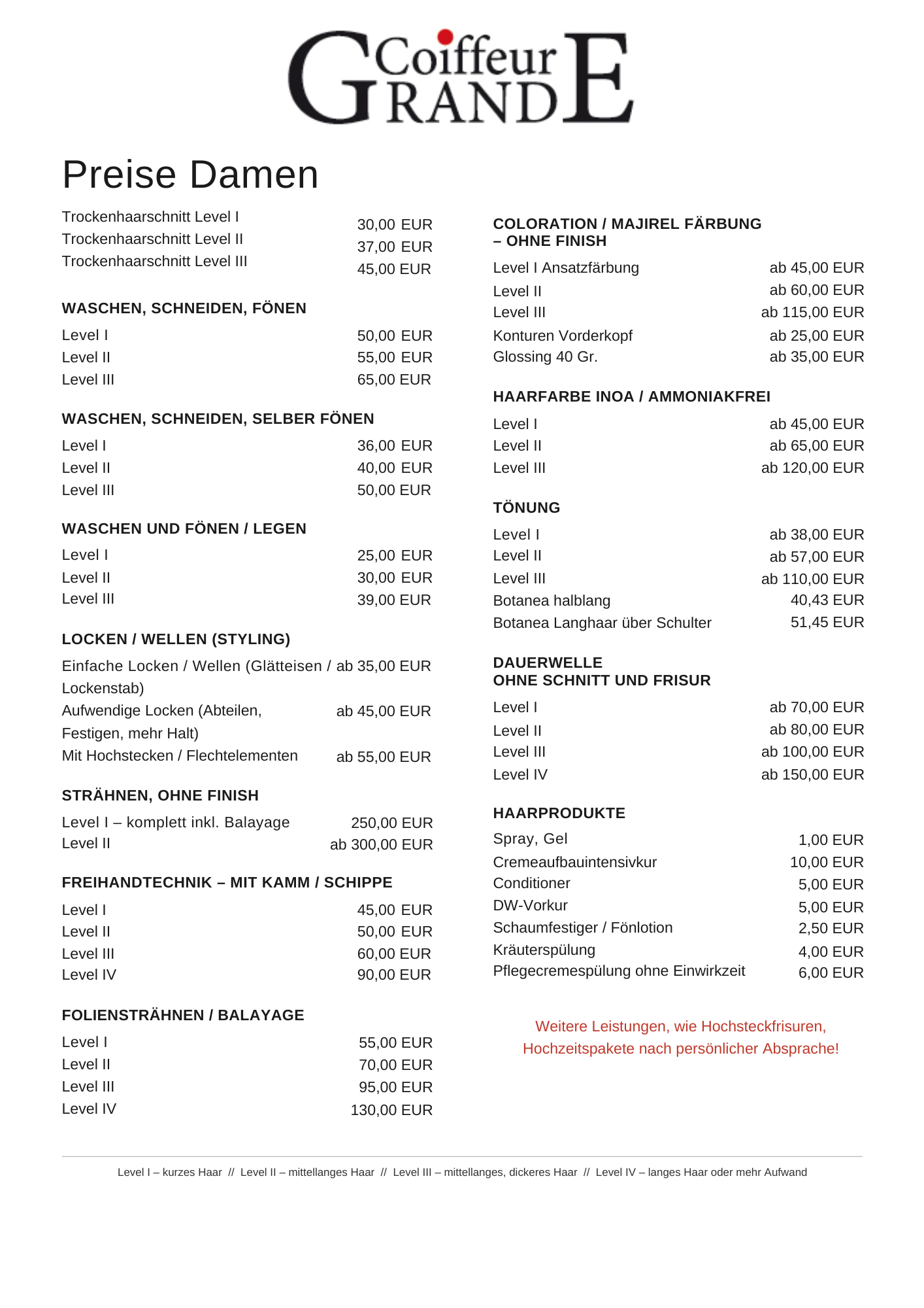 Mehrspaltige Preisliste für Damen im Coiffeur Grande mit Level I–IV und Preisen in EUR.
